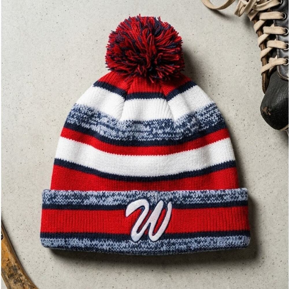 Washington Nationals MLB New Era Pom Beanie Hat Fleece Wool Lined Striped